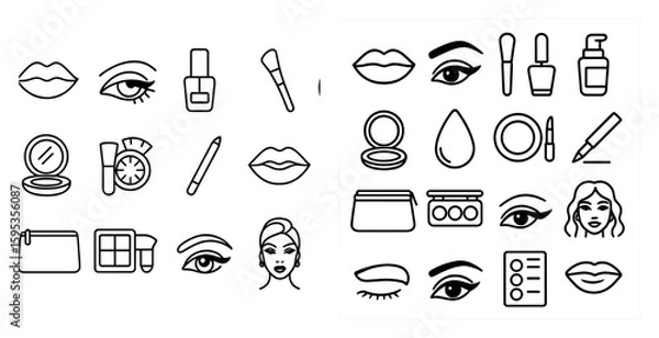 Fototapeta The image is a collection of makeup and beauty icons. The icons include a lipstick, a brush, a bottle, and a cup. The icons are arranged in a grid, with some overlapping each other