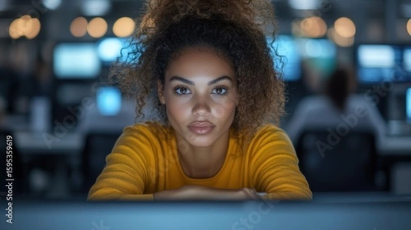 Obraz Focused young woman programmer working late at night in a modern office.  She is deeply concentrated on her computer screen, showcasing determination and dedication.