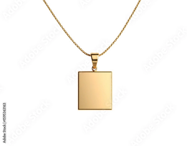 Fototapeta  Colar dourado com placa retangular lisa, luz suave e brilho metálico sobre fundo branco