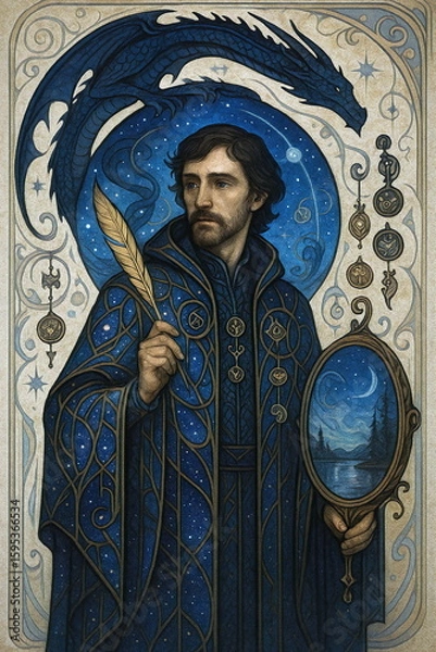 Obraz Fantasy-style wizard with a mirror and quill, dressed in a blue robe, with a dragon above him
