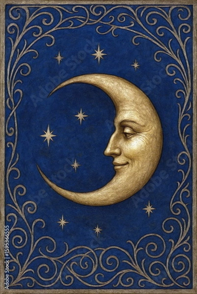 Obraz Artistic crescent moon with a human face surrounded by stars and ornate patterns