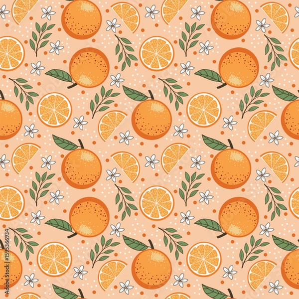 Obraz Slices and whole of oranges with Flowers, Leaves background.
