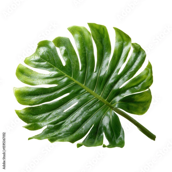Obraz Vibrant green monstera leaf with distinct perforations, isolated on a white background for easy integration into various designs or patterns.