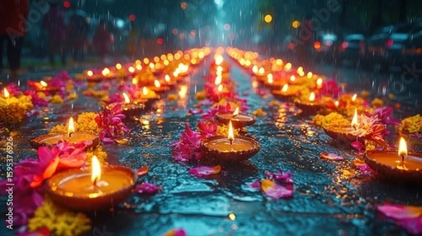 Obraz Rainy Night's Illumination: A Serene Path of Candles and Flowers