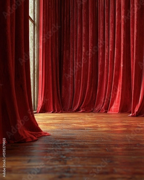 Obraz Crimson Curtains and Wooden Floor: A Stage Set Awaits