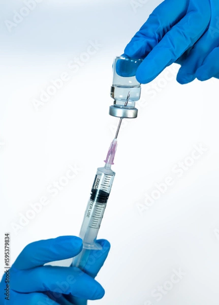 Fototapeta Gloved hands holding a syringe and inverted vial while drawing medication with a needle, shown against a clean white background in a clinical setting.