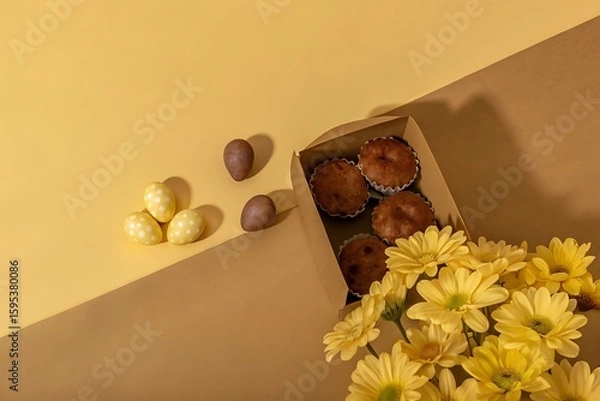 Fototapeta Easter Treats: Yellow Gerbera Daisies, Chocolate Eggs, and Mini Cakes in a Brown Box on Mustard and Tan Background