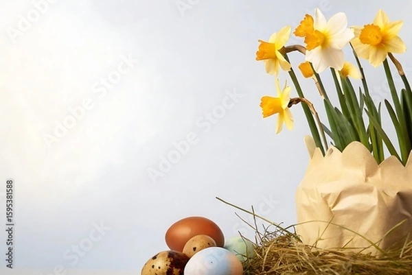 Fototapeta Pastel Easter Eggs and Daffodils in Rustic Paper Pot, Springtime Still Life, Soft Light