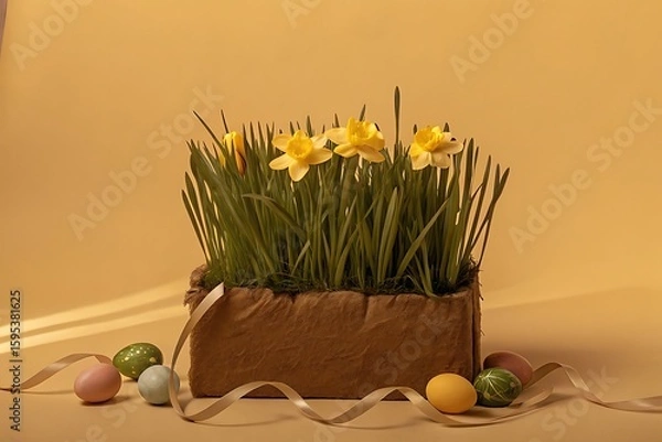 Fototapeta Elegant Easter Still Life: Yellow Daffodils in Rustic Pot with Pastel Eggs and Ribbon on Beige Background