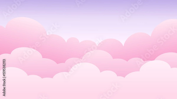 Fototapeta sky with pinkish cute clouds conceptual banner background with text space. Web border of clouds layers. Simple cartoon design. Stylish cartoon web banner with pink cloud on purple background.