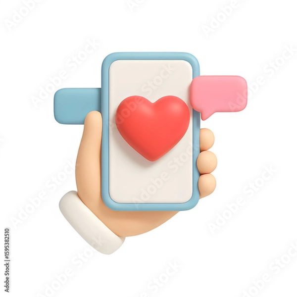 Fototapeta 3d hand with phone and heart icon isolated on transparent background. love or connection concept