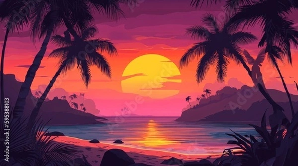 Obraz Tropical beach at sunset with palm trees and gentle waves