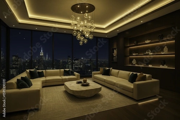 Fototapeta An expansive ultra-luxury penthouse living room with floor-to-ceiling glass walls overlooking a glittering city skyline at night. Plush modular sofas in rich cream leather are accented with velvet.