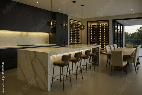 Fototapeta A modern ultra-luxury open-concept kitchen and dining area featuring a massive waterfall-edge island made of rare white Calacatta marble with striking gold veining.