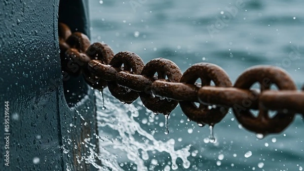 Fototapeta closeup of a rusty ship anchor chain with water splashing