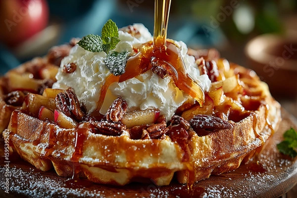 Fototapeta Golden waffles topped with caramelized apples, toasted pecans, whipped cream, and warm caramel drizzle creating a delicious breakfast treat