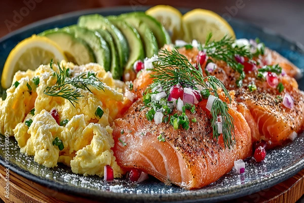 Fototapeta Beautifully Arranged Plate of Fluffy Scrambled Eggs with Smoked Salmon Sliced Avocado Lemon Wedges and Fresh Dill Breakfast Food