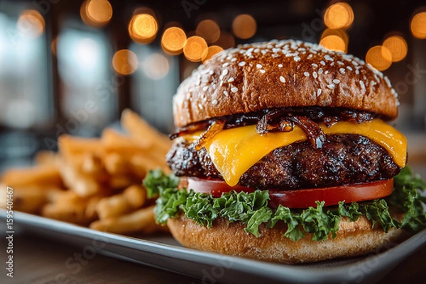 Fototapeta Juicy cheeseburger with grilled beef patty, melted cheddar, caramelized onions, fresh lettuce, ripe tomatoes, and crispy fries on a plate
