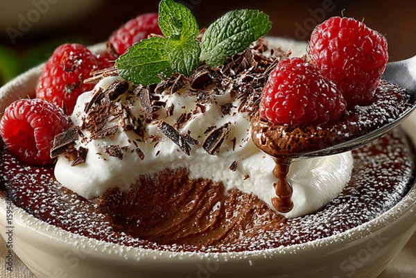 Fototapeta Decadent chocolate mousse dessert topped with whipped cream curls, shaved chocolate, and fresh vibrant raspberries in a tempting bowl