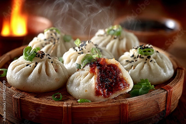 Fototapeta Juicy Steamed Pork Dumplings Xiao Long Bao with Delicate Wrappers and Visible Pork Filling Surrounded by Graceful Swirling Steam Fresh Authentic Chinese Cuisine