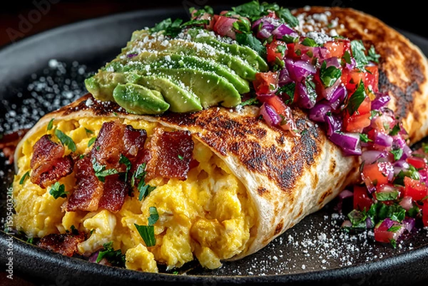 Fototapeta Vibrant breakfast burrito filled with scrambled eggs, avocado, crispy bacon, cheese, and fresh pico de gallo on a plate