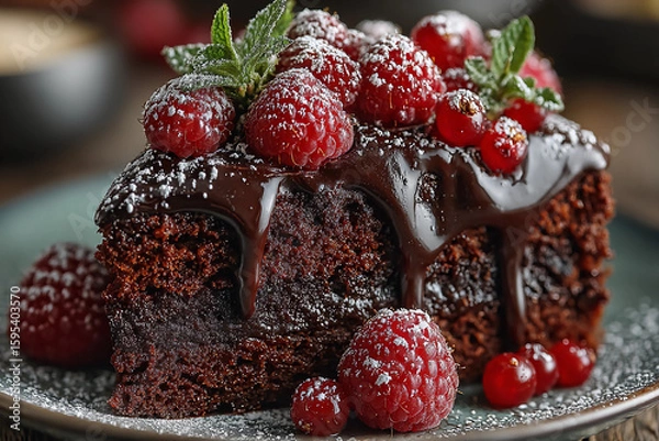 Fototapeta Decadent slice of chocolate cake with glossy ganache, fresh raspberries, and powdered sugar served on a stylish plate