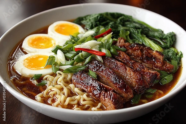 Fototapeta A steaming bowl of rich, savory ramen with tender pork slices, soft-boiled egg, scallions, and fresh greens in aromatic broth