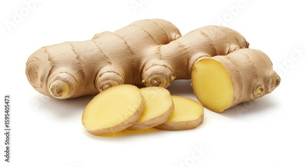 Obraz Ginger root and slices isolated on white background.