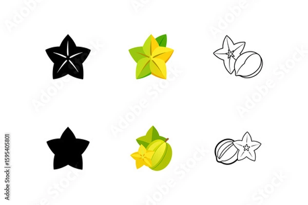 Obraz Set of star fruits  carambola  silhouette vector line art illustration