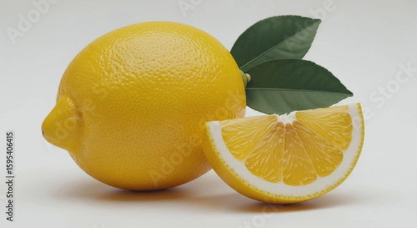 Obraz A whole lemon and a slice with green leaves on a plain background.