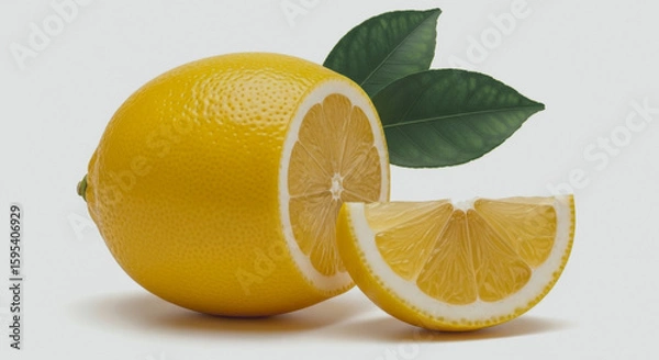 Obraz Lemon with slice and leaves on a light background.