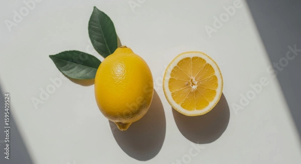 Obraz Two lemons one whole and one cut with leaves on a white surface.