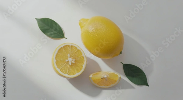 Obraz Lemons whole and sliced with leaves on a white surface in sunlight.