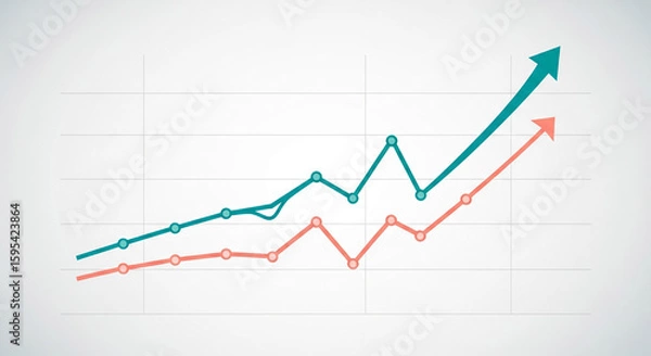 Fototapeta Two upward-trending lines graph, teal and coral, on a white grid background, showcasing growth and progress, ideal for business presentations or reports