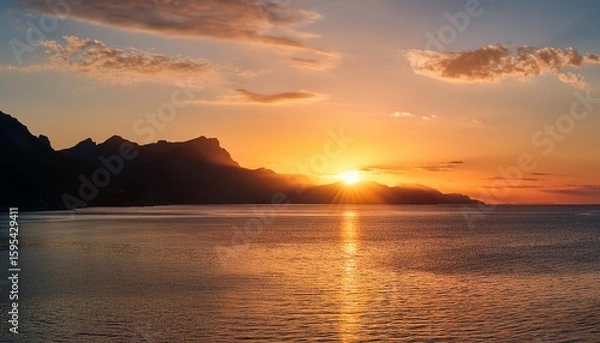 Fototapeta serene sunset over calm ocean waves with silhouetted mountains and gentle shoreline reflections capturing nature s tranquil beauty at dusk