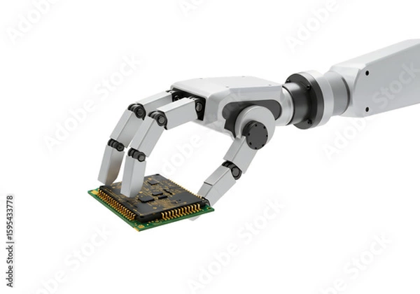 Fototapeta A robotic arm holds a circuit board against a black background