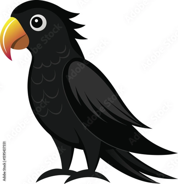 Obraz Cartoon black cockatoo bird with yellow beak isolated on white background