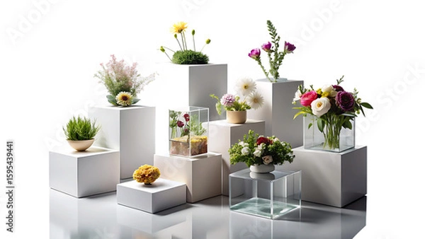 Fototapeta Minimalist compositions on the cubes with flowers, decorations, carpet and personal accessories isolated on white and transparent background