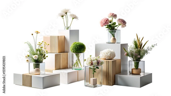 Fototapeta Minimalist compositions on the cubes with flowers, decorations, carpet and personal accessories isolated on white and transparent background