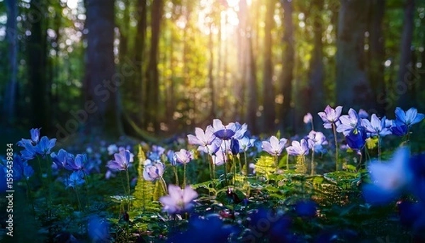 Fototapeta luminescent flowers glowing in a dense forest under soft sunlight