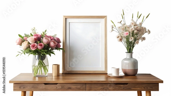 Fototapeta mock up poster frame, wooden console, flowers in vase, decorations and personal accessories isolated on white and transparent background