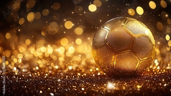 Fototapeta A luxury golden soccer ball on a sparkling glitter background, conveying a sense of high value in sports