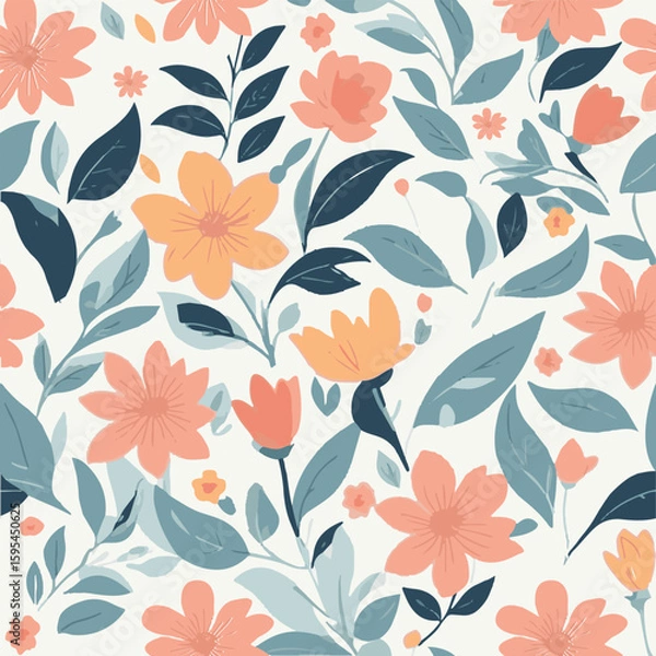Fototapeta Seamless Boho Floral Pattern – Hand Drawn Botanical Flowers in Soft Pastel Colors.