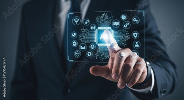 Fototapeta AI Technology Interface: Businessman Interacting with Artificial Intelligence Interface for Business Solutions and Futuristic Innovation Concept