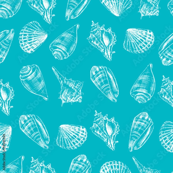 Fototapeta Seashells hand drawn vector graphic etching sketch isolated on white background, seamless pattern, underwater artistic marine blue texture, design for greeting card, decorative textile, water fabric