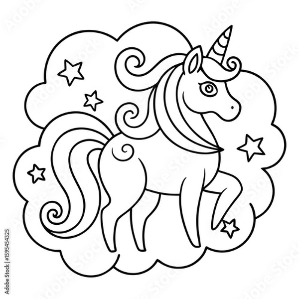 Obraz Outlined Magical Unicorn with a Flowing Tail Surrounded by Sparkles Coloring Page