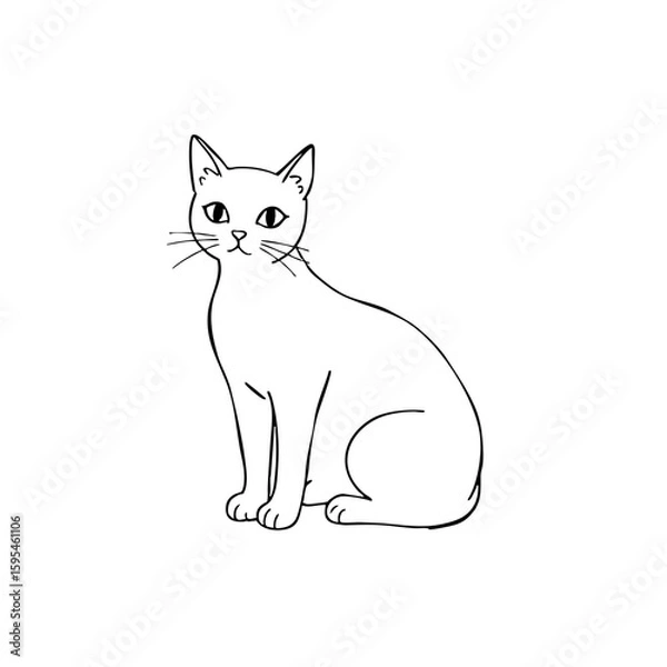 Fototapeta Simple line sketch of a cat sitting with an attentive expression  
