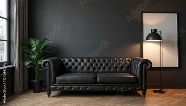 Fototapeta Elegant black leather sofa in a modern minimalist room with dark walls and wood flooring. A tall green plant and a stylish floor lamp complement the luxurious, sophisticated interior design.