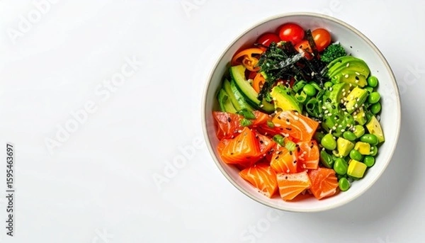 Fototapeta Vibrant poke bowl with fresh salmon, avocado, edamame, cherry tomatoes, and cucumber on a white background