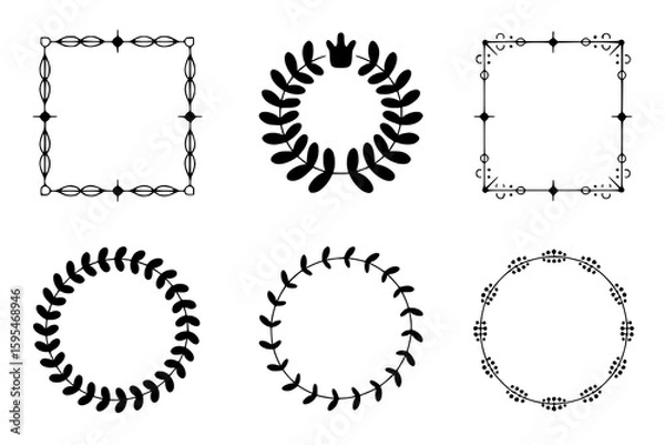 Fototapeta Six Elegant Monochrome Frames: A collection of vector line art frames, including square and circular designs with floral and geometric motifs, ideal for design projects.